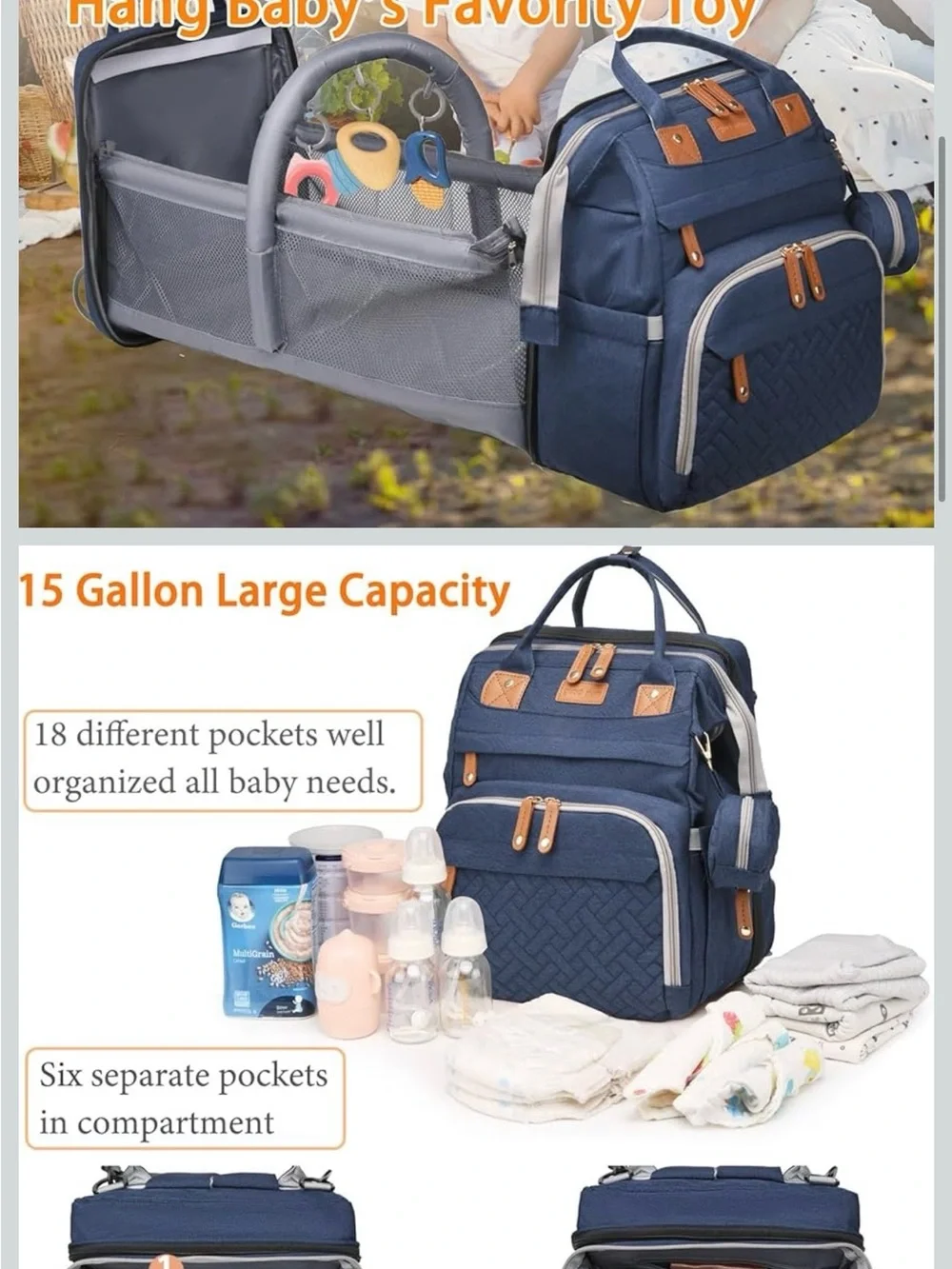 Quilted Navy Diaper Backpack with Brown Trim